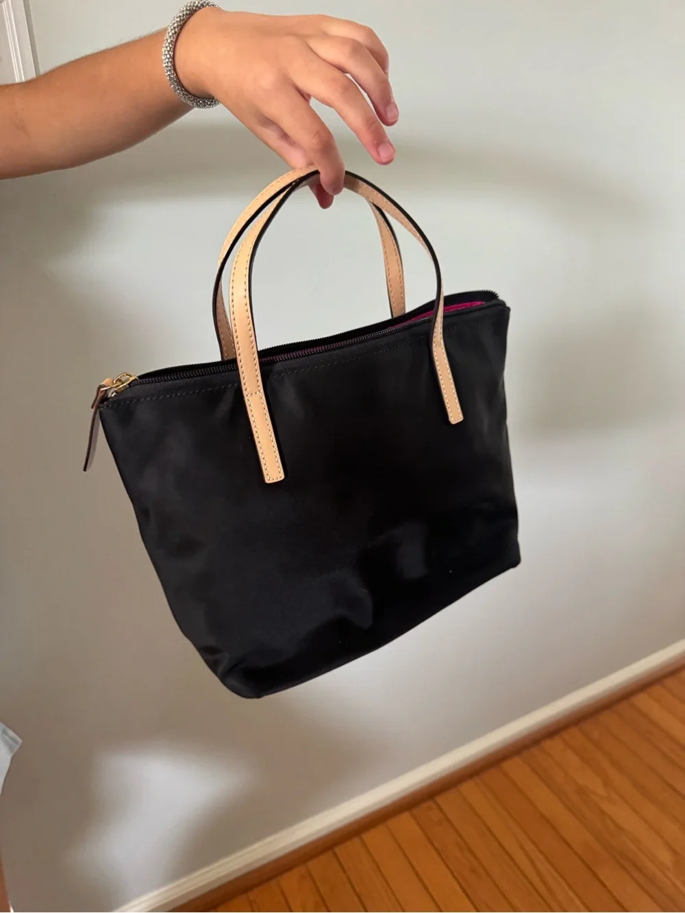 kate spade Black Nylon Tote with Tan Leather Handles and Gold Plaque